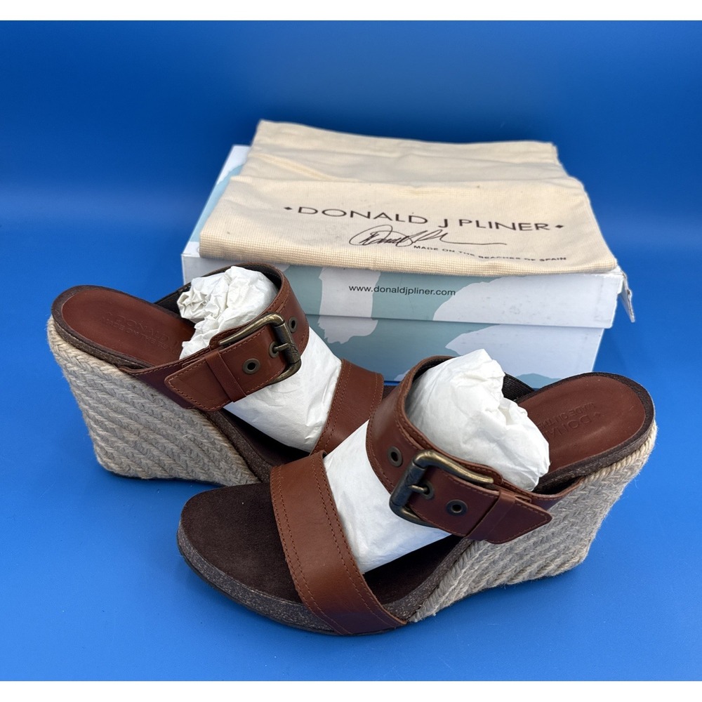 Donald J Pliner 9 brown leather Calf-Hair espadrille wedge sandal Made‎ in Spain